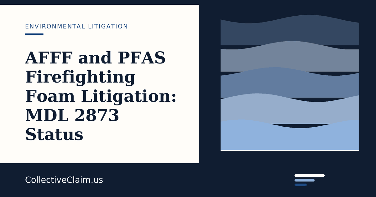 Conceptual illustration of firefighting foam equipment beside a water sampling bottle, representing AFFF and PFAS litigation
