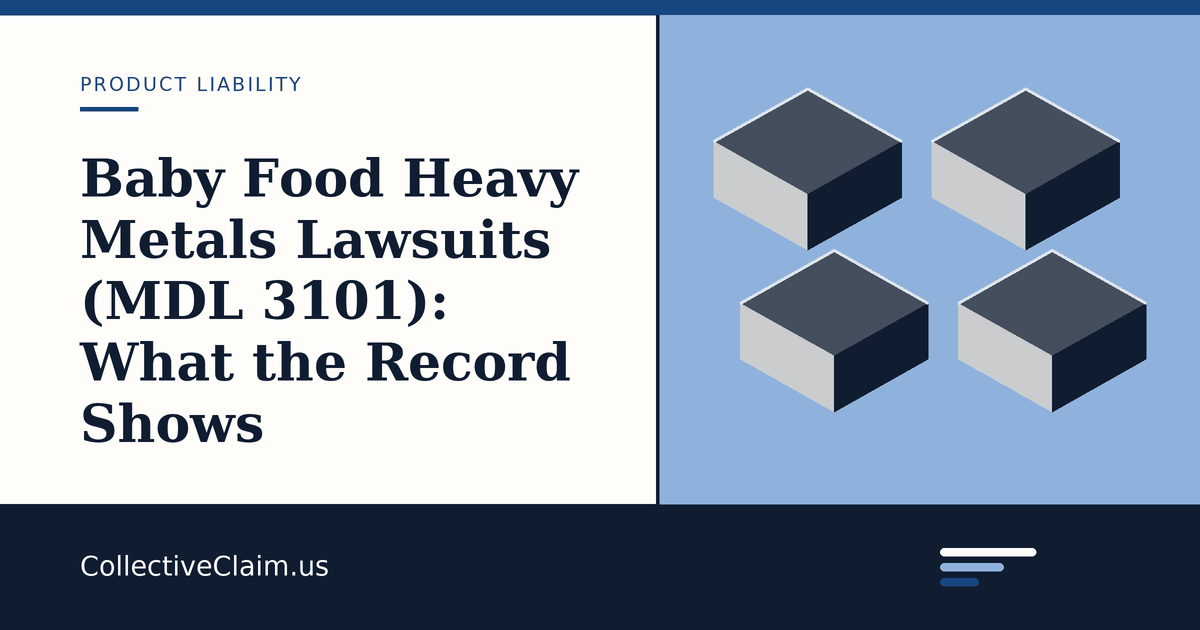 Court papers and baby food jars representing the federal multidistrict litigation over heavy metals in baby food