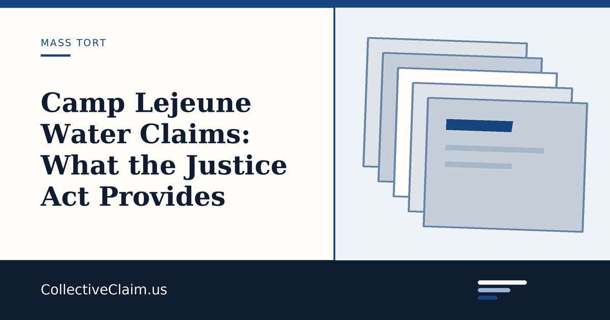 Document-style illustration of a claims file beside a timeline for the Camp Lejeune Justice Act