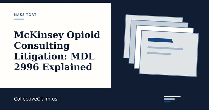 Court documents and a consulting report on a desk, representing the McKinsey opioid consulting litigation
