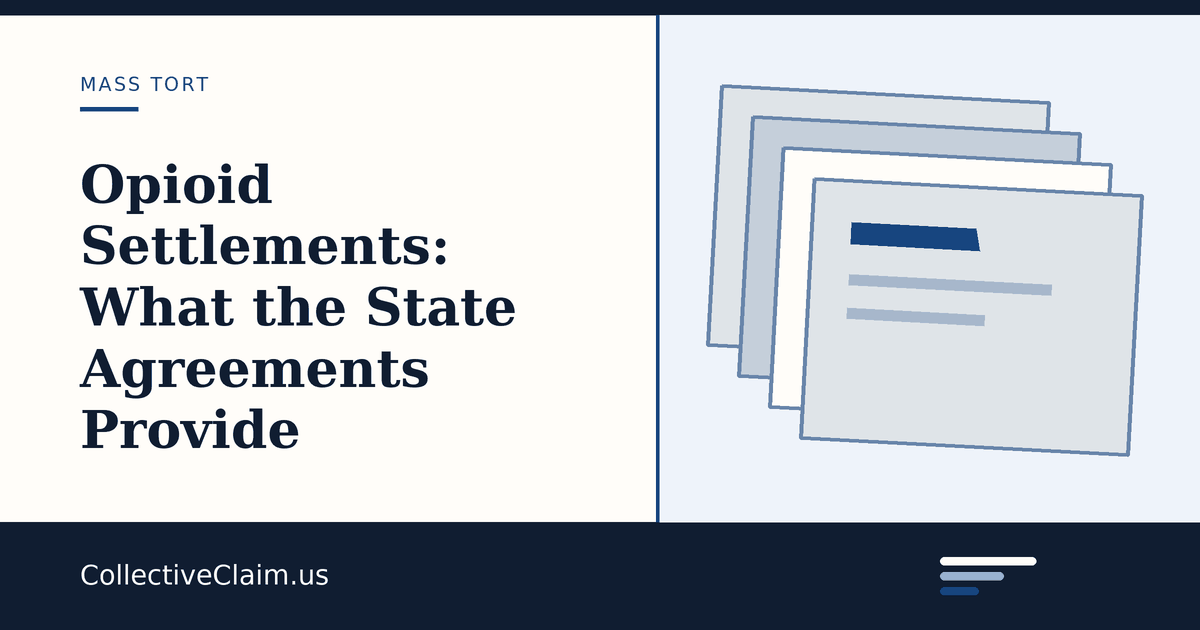 Document-style illustration of a settlement agreement beside a chart of funds flowing to states and local governments