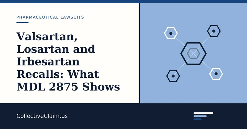 Packaging for blood pressure medication beside a printed federal court order representing the sartan litigation