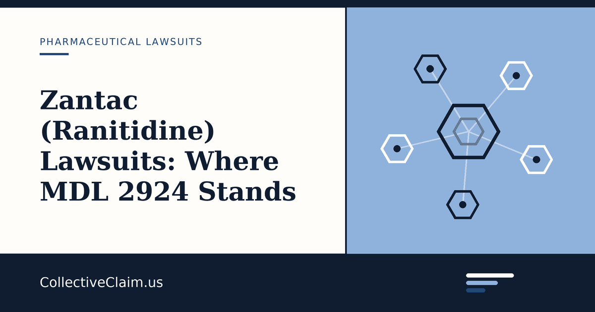 Court papers and a heartburn medicine package representing the federal ranitidine multidistrict litigation